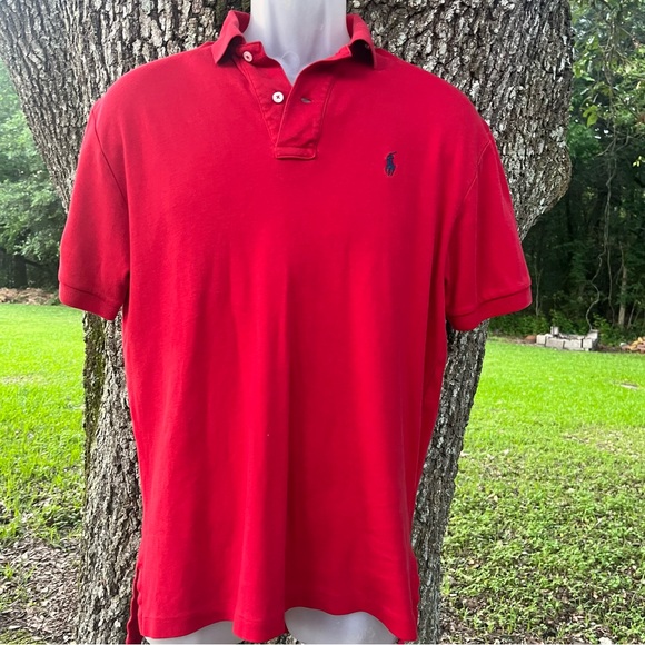 POLO RALPH LAUREN RED SHORT SLEEVE COLLARED NAVY HORSE LOGO SMALL SHIRT - Picture 1 of 11